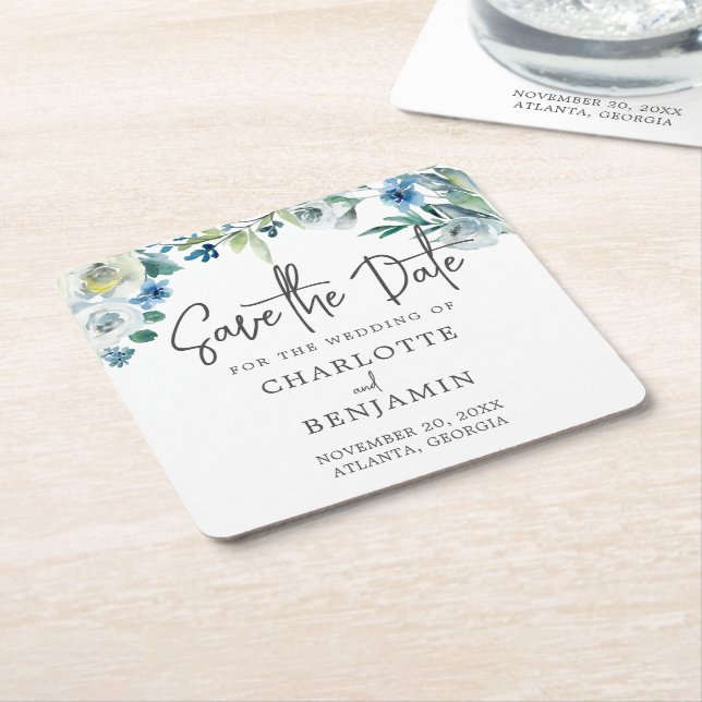 Chic Blue Spring Floral Save the Date Rechteckiger Pappuntersetzer (angewinkelt)