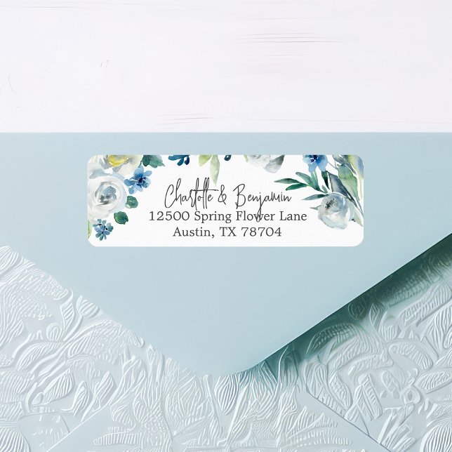 Chic Blue Spring Floral Wedding Rücksendeadresse (Von Creator hochgeladen)