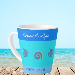 Chic Blue Stripes Fish Family Name Beach House Milchtasse