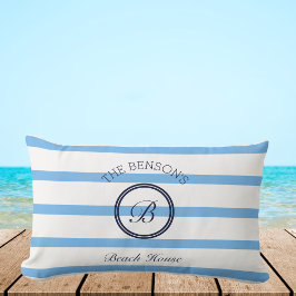 Chic Blue Stripes Monogram Family Beach House Lendenkissen