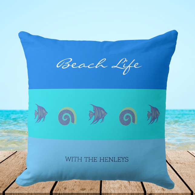 Chic Blue Stripes Muscheln Fish Family Beach House Kissen (Von Creator hochgeladen)