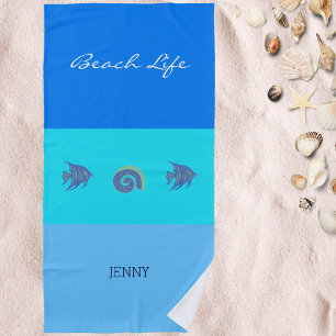 Chic Blue Stripes Name Muschel und Fisch Strandtuch