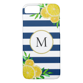 Chic Blue Stripes Watercolor Summer Lemon Monogram Case-Mate iPhone Hülle