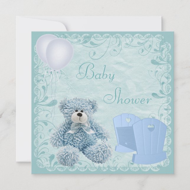 Chic Blue Teddy & Crib Baby Boy Dusche Einladung (Vorderseite)