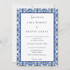 Chic Blue Tile Wedding Elegance Einladung
