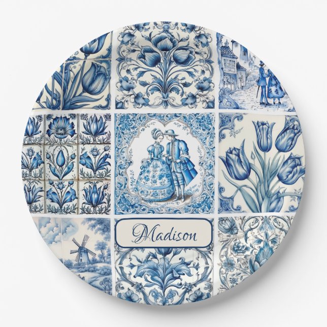 Chic Blue Toile de jouy Dolls and Blume Pappteller (Vorderseite)