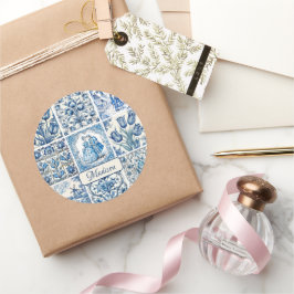 Chic Blue Toile de jouy Dolls and Blume Runder Aufkleber