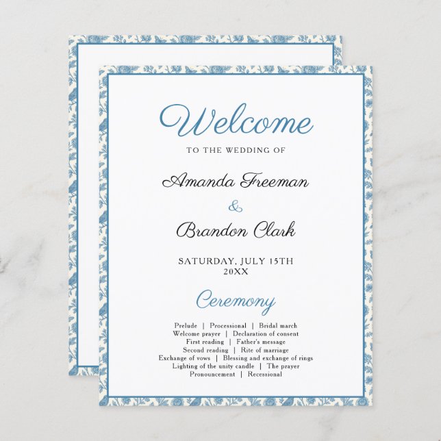 Chic Blue Toile de Jouy Floral Border Wedding (Vorne/Hinten)