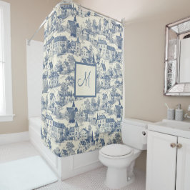Chic Blue Toile de Jouy Village Scene Duschvorhang