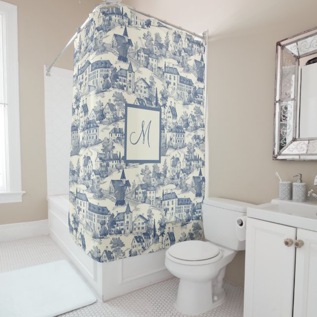 Chic Blue Toile de Jouy Village Scene Duschvorhang (Beispiel)