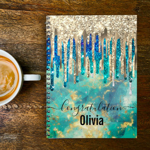 Chic Blue Türkise Gold Glitzer Tropfen Monogramm Notizblock