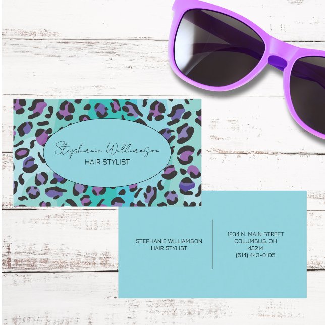 Chic Blue und Lila Leopard Print Monogram Visitenkarte (Von Creator hochgeladen)