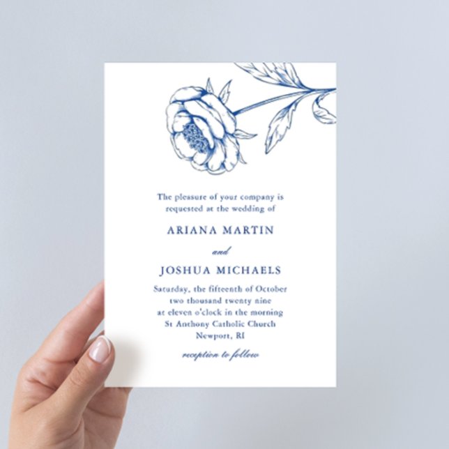 Chic Blue und White Botanical Wedding Einladung (Von Creator hochgeladen)
