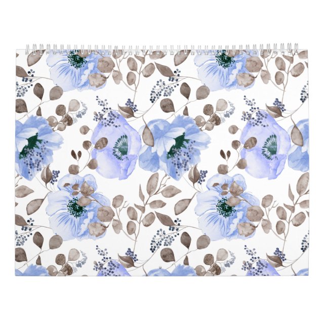 Chic Blue Watercolor-Blume Kalender (Rückseite)