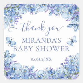 Chic Blue Watercolor Floral Baby Shower Thank You Quadratischer Aufkleber
