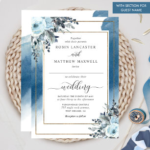 Chic Blue Watercolor und floraler Gastname Hochzei Einladung