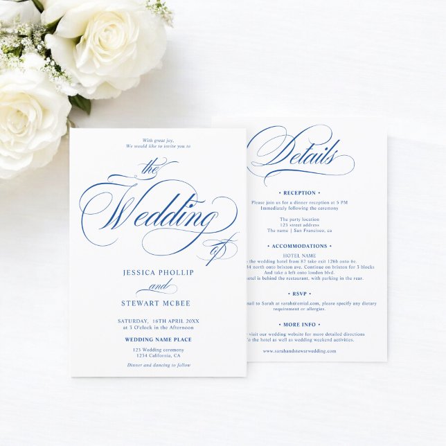 Chic blue white alles in einer kalligraphischen Ho Einladung (Chic blue white all in one calligraphy wedding invitation)