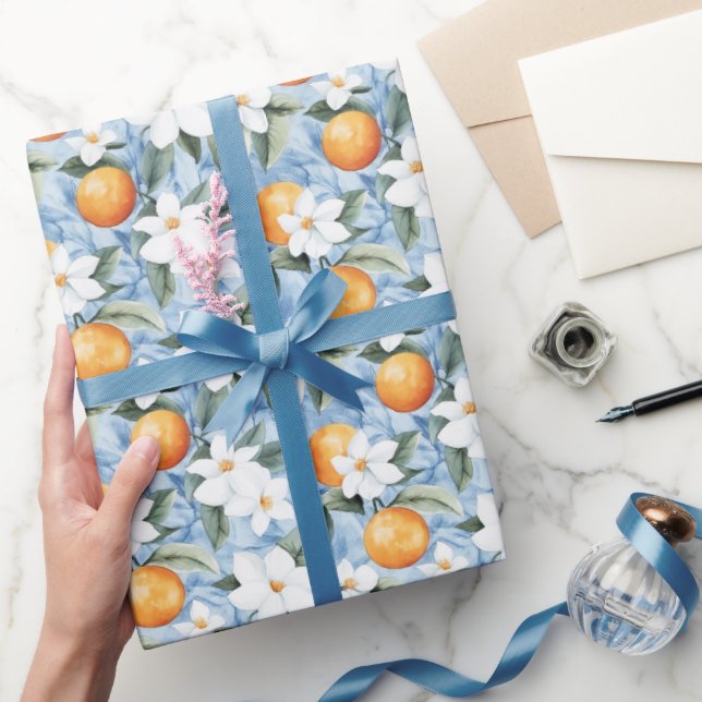Chic Blue White Blume Orange Brautparty Geschenkpapier (Schenken)