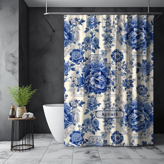 Chic Blue White Blumenchinoiserie Toile Monogramm Duschvorhang (Von Creator hochgeladen)