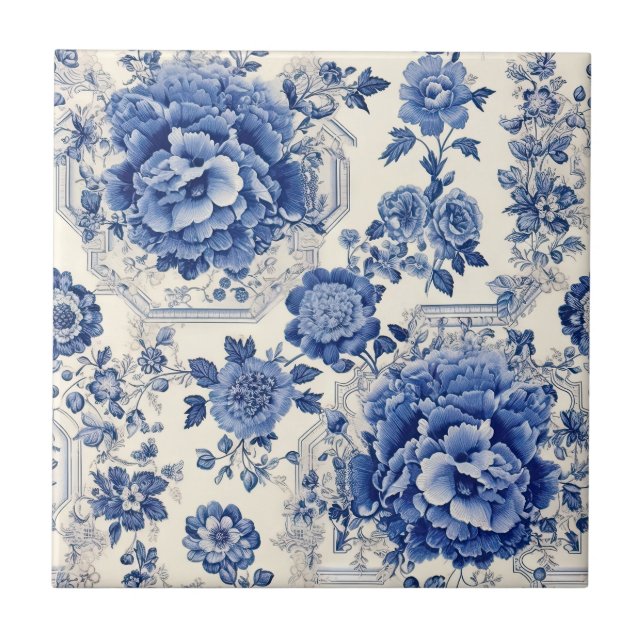 Chic Blue White Blumenchinoiserie Toile Monogramm Fliese (Vorderseite)