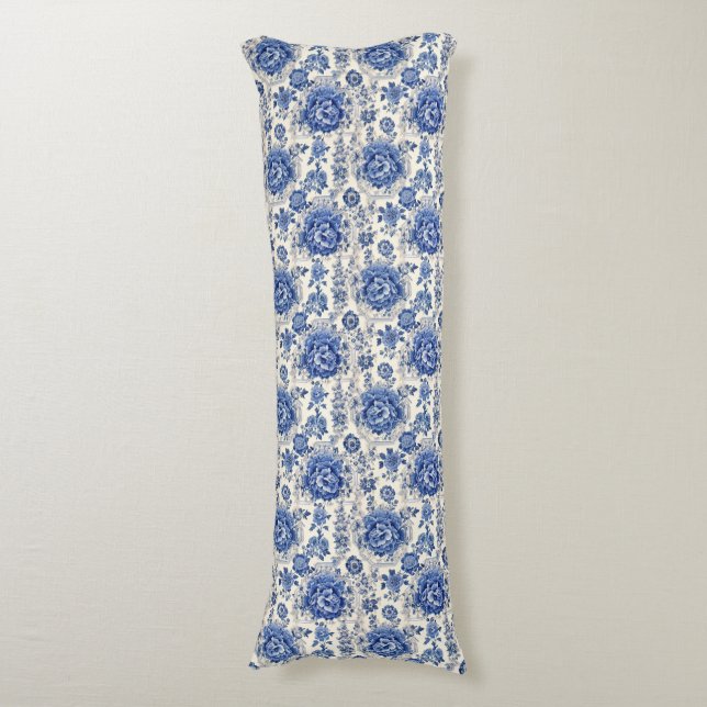 Chic Blue White Blumenchinoiserie Toile Monogramm Seitenschläferkissen (Vorderseite Vertikal)