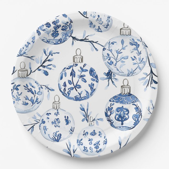 Chic Blue White Christmas Ornaments Pappteller (Vorderseite)