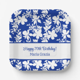 Chic Blue White Floral Pattern 70. Geburtstag Pappteller