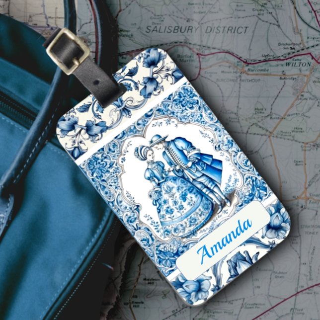 Chic Blue white frames toile de jouy monogram Gepäckanhänger (Von Creator hochgeladen)