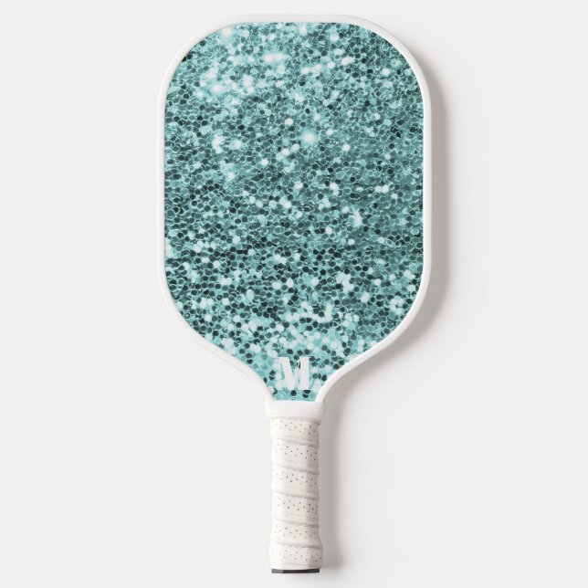 Chic Blue White Glittery Glitzern Modernes Monogra Pickleball Schläger (Vorderseite)