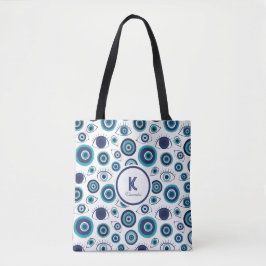 Chic Blue White Greece Evil Eye Monogram
