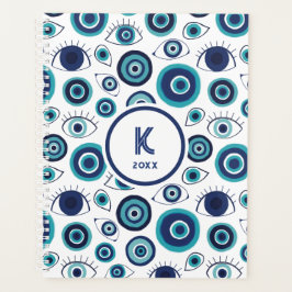 Chic Blue White Greek Evil Eye Monogram Planer