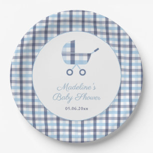 Chic Blue White Karo Buggy Boy Baby Dusche Party Pappteller