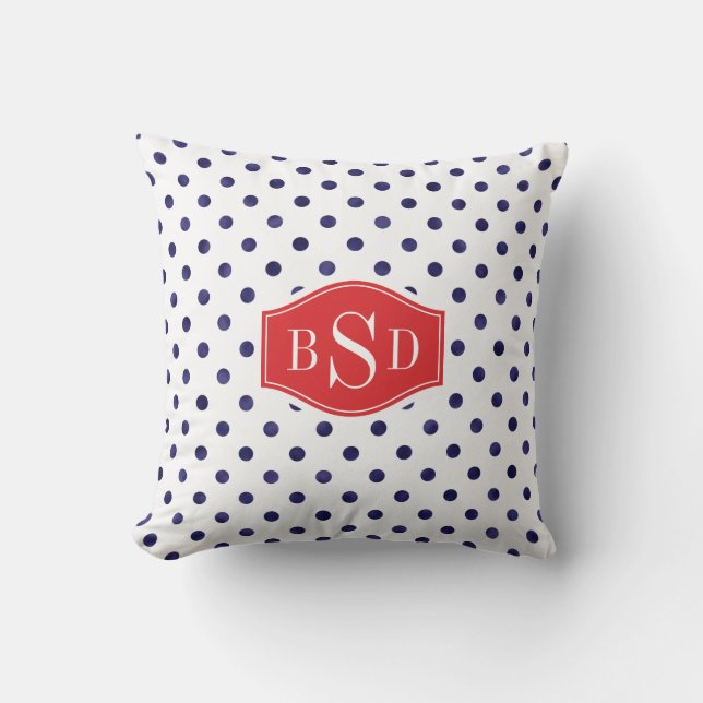 Chic blue-white polka dots muster monogramm kissen (Vorderseite)