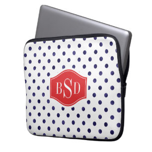 Chic blue-white polka dots muster monogramm laptopschutzhülle
