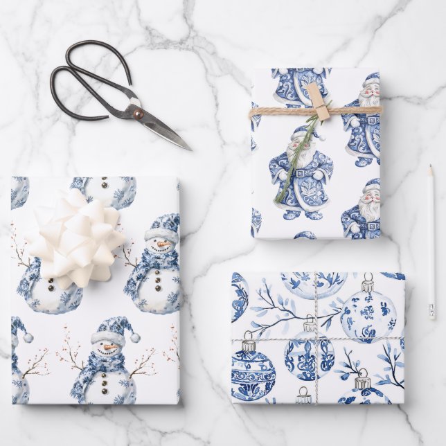 Chic Blue White Snowman Weihnachten Geschenkpapier Set (Vorderseite)