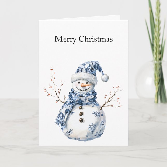 Chic Blue White Snowman Weihnachten Karte (Vorderseite)