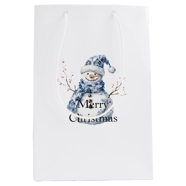 Chic Blue White Snowman Weihnachten Mittlere Geschenktüte (Vorderseite)