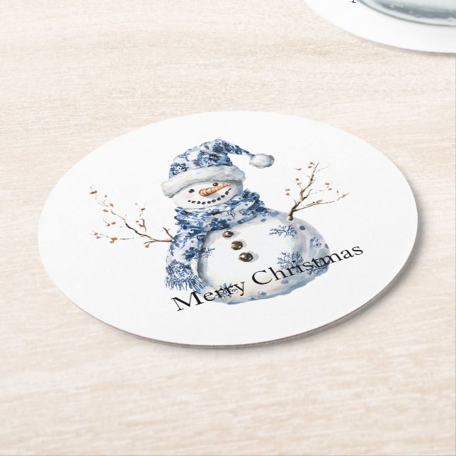 Chic Blue White Snowman Weihnachten Runder Pappuntersetzer (Angewinkelt)