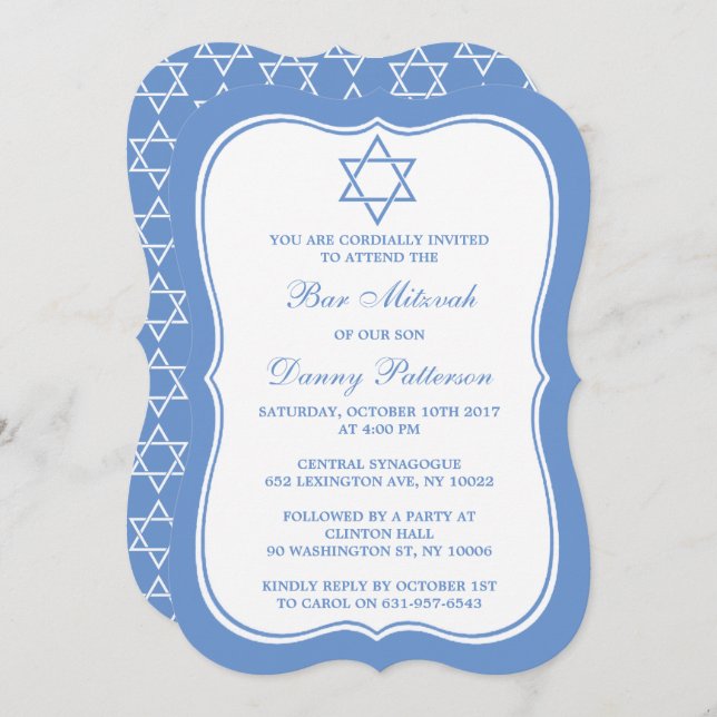 Chic Blue & White Stern von David Bar Mitzvah Einladung (Vorne/Hinten)
