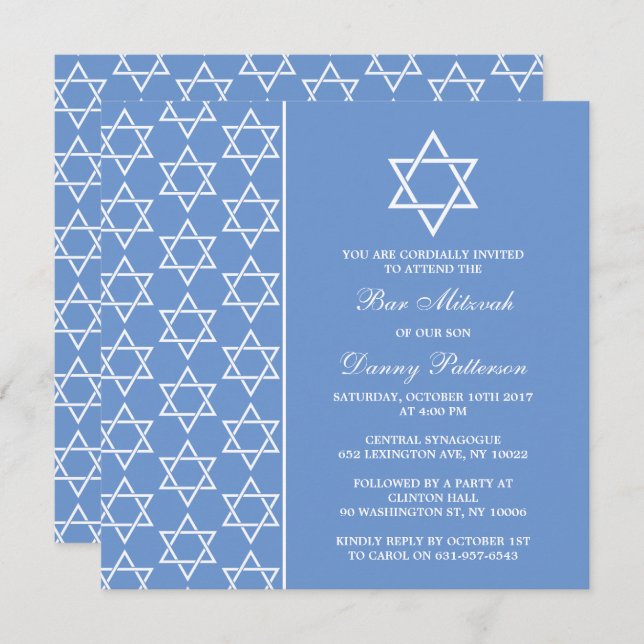 Chic Blue & White Stern von David Bar Mitzvah Einladung (Vorne/Hinten)
