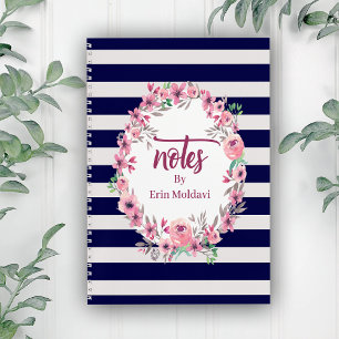 Chic Blue & White Striping Floral Frame Journal/ Notizbuch