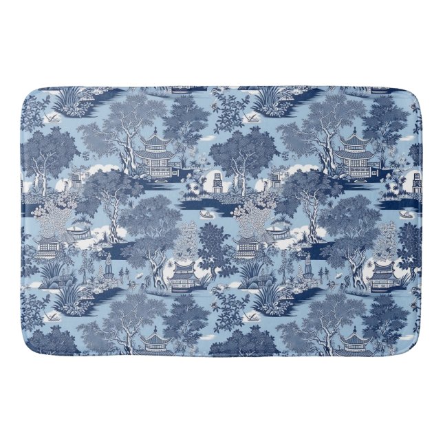 Chic Blue White Weilow Chinoiserie Hütte Badematte (Vorderseite)