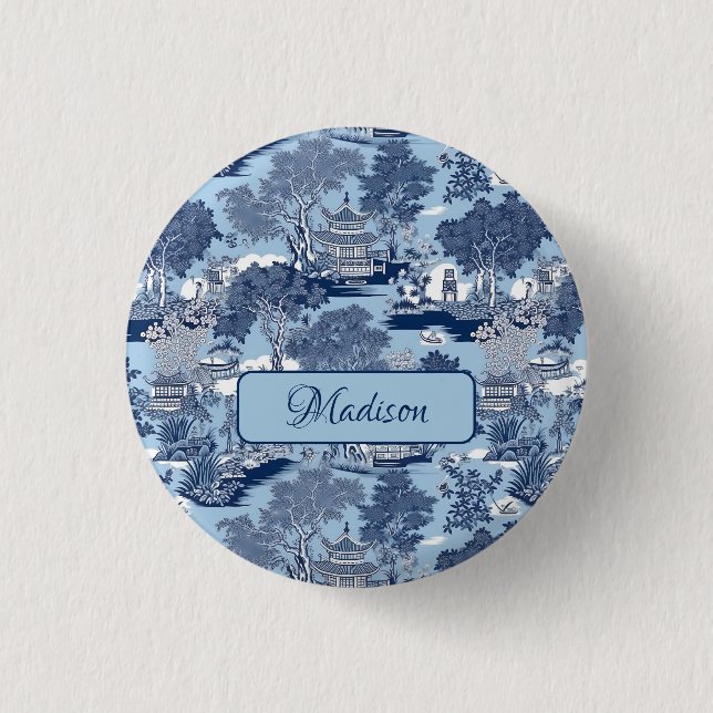 Chic Blue White Weilow Chinoiserie Hütte Button (Vorderseite)