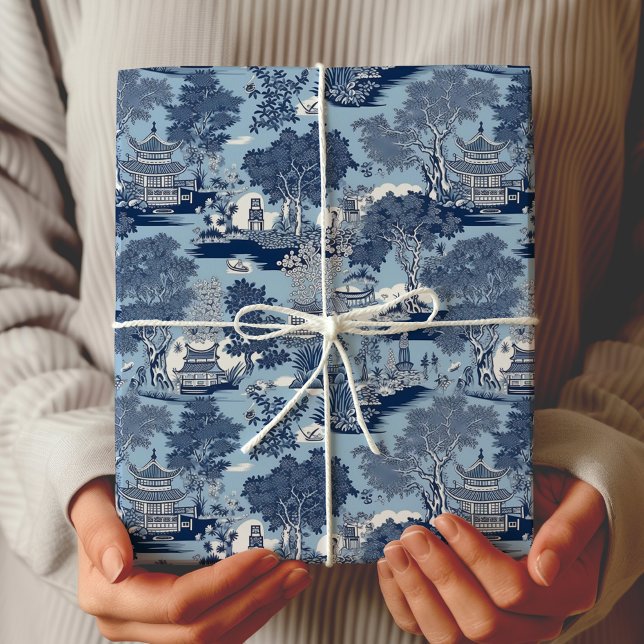 Chic Blue White Weilow Chinoiserie Hütte Geschenkpapier (Von Creator hochgeladen)
