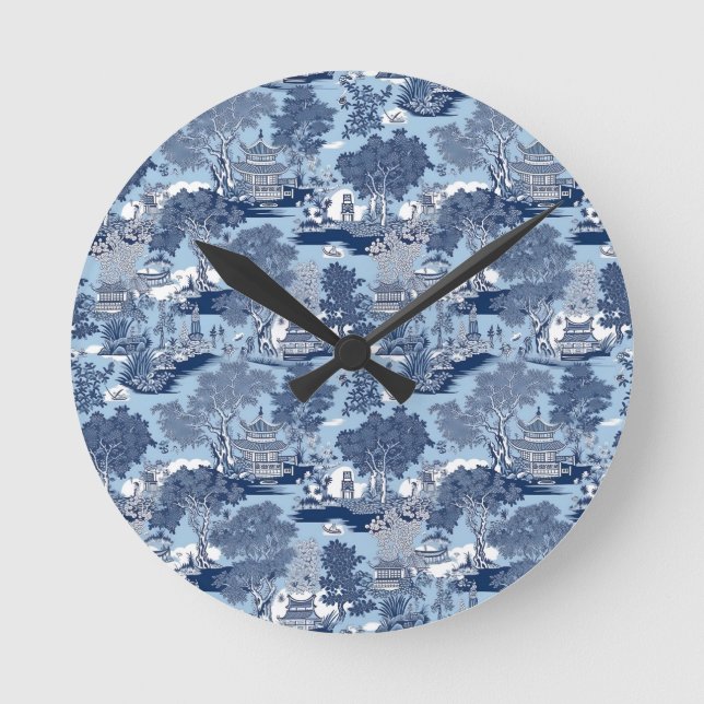 Chic Blue White Weilow Chinoiserie Hütte Runde Wanduhr (Vorderseite)