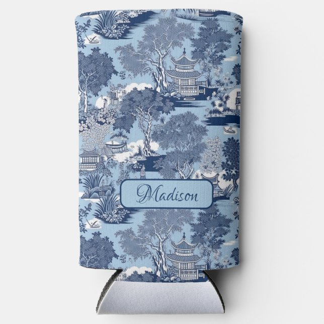Chic Blue White Weilow Chinoiserie Hütte Selters Dosenkühler (Vorderseite)