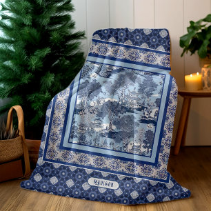 Chic Blue white willow chinoiserie toile monogramm Fleecedecke