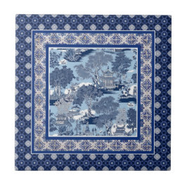 Chic Blue white willow chinoiserie toile monogramm Fliese