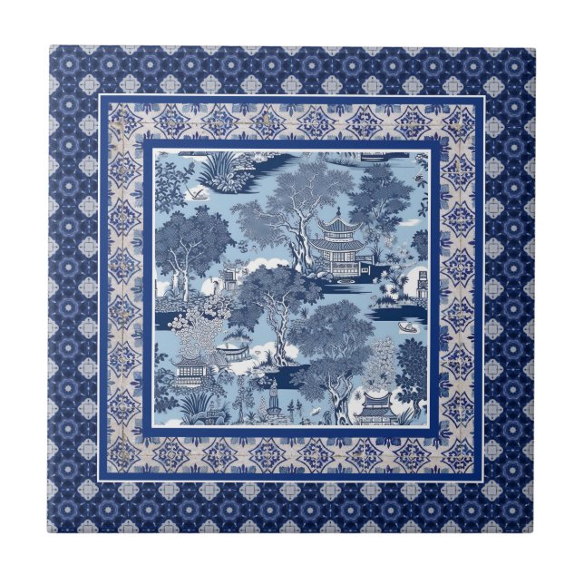Chic Blue white willow chinoiserie toile monogramm Fliese (Vorderseite)