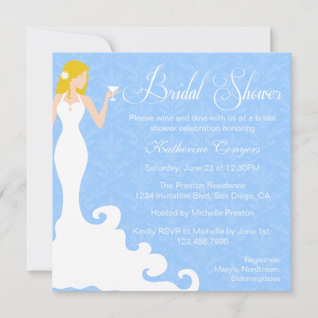 Chic Blue Wine Damask Bridal Dusche Einladung (Vorderseite)